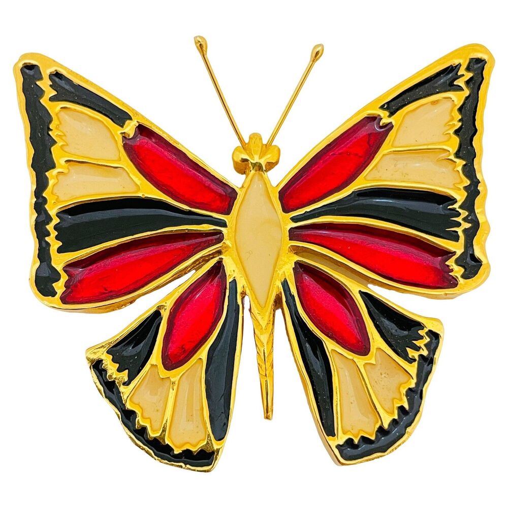 Vintage gold tone enamel butterfly designer brooch